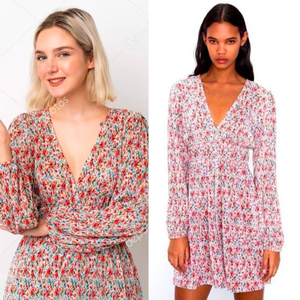 🦋 ZARA Pleated Floral Mini Dress Size Small Cottagecore Coquette